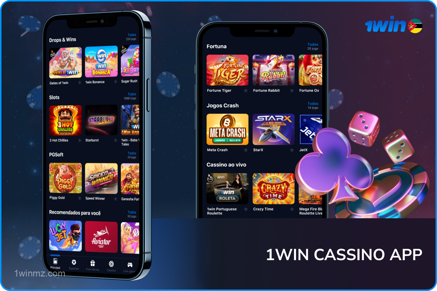 Jogos de casino populares de grandes desenvolvedores estão disponíveis para jogadores de Moçambique na aplicação móvel 1win para Android e iOS
