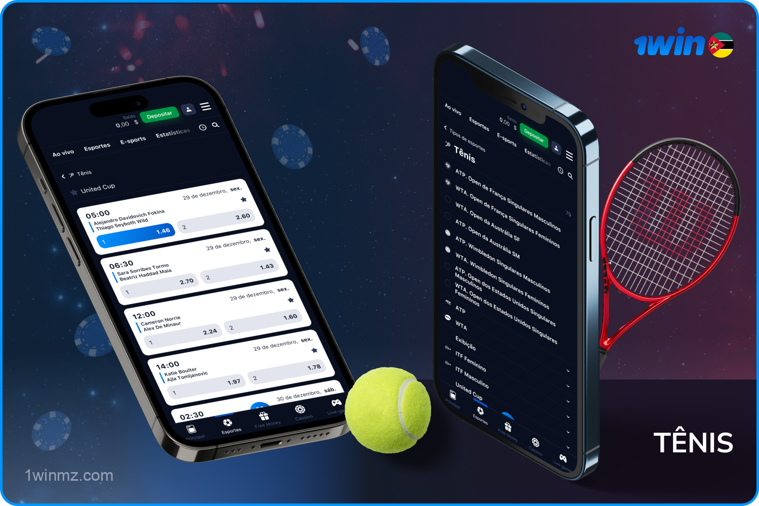 Os usuários da 1win Moçambique podem apostar em partidas de torneios de tênis famosos
