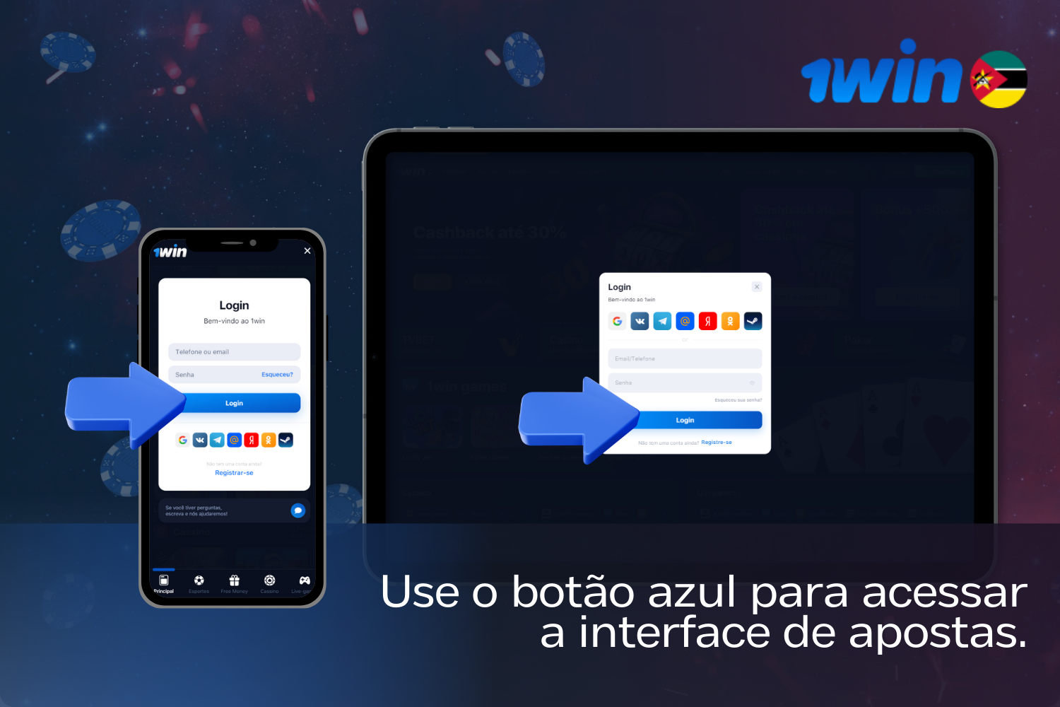 Para entrar no 1win, os utilizadores de Moçambique devem clicar no botão de início de sessão depois de introduzirem os seus dados.